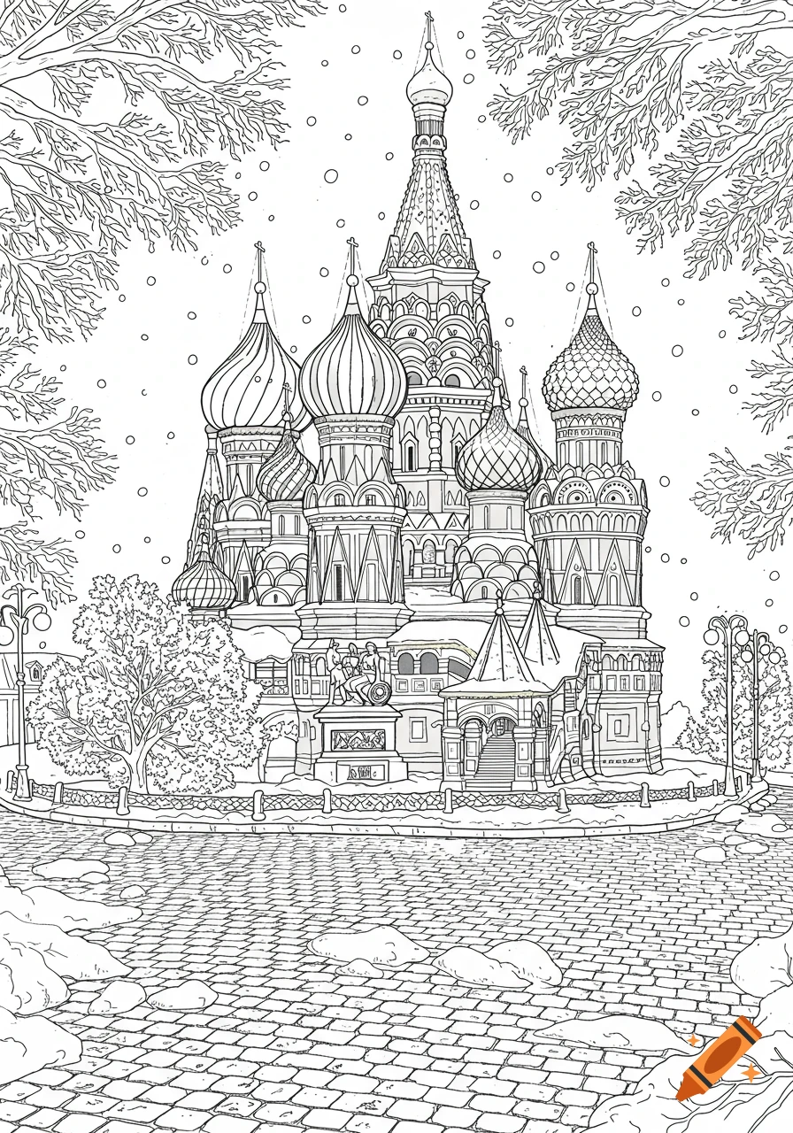 A black and white line art coloring page of St. Basil's Cathedral covered in snow, surrounded by leafless trees.