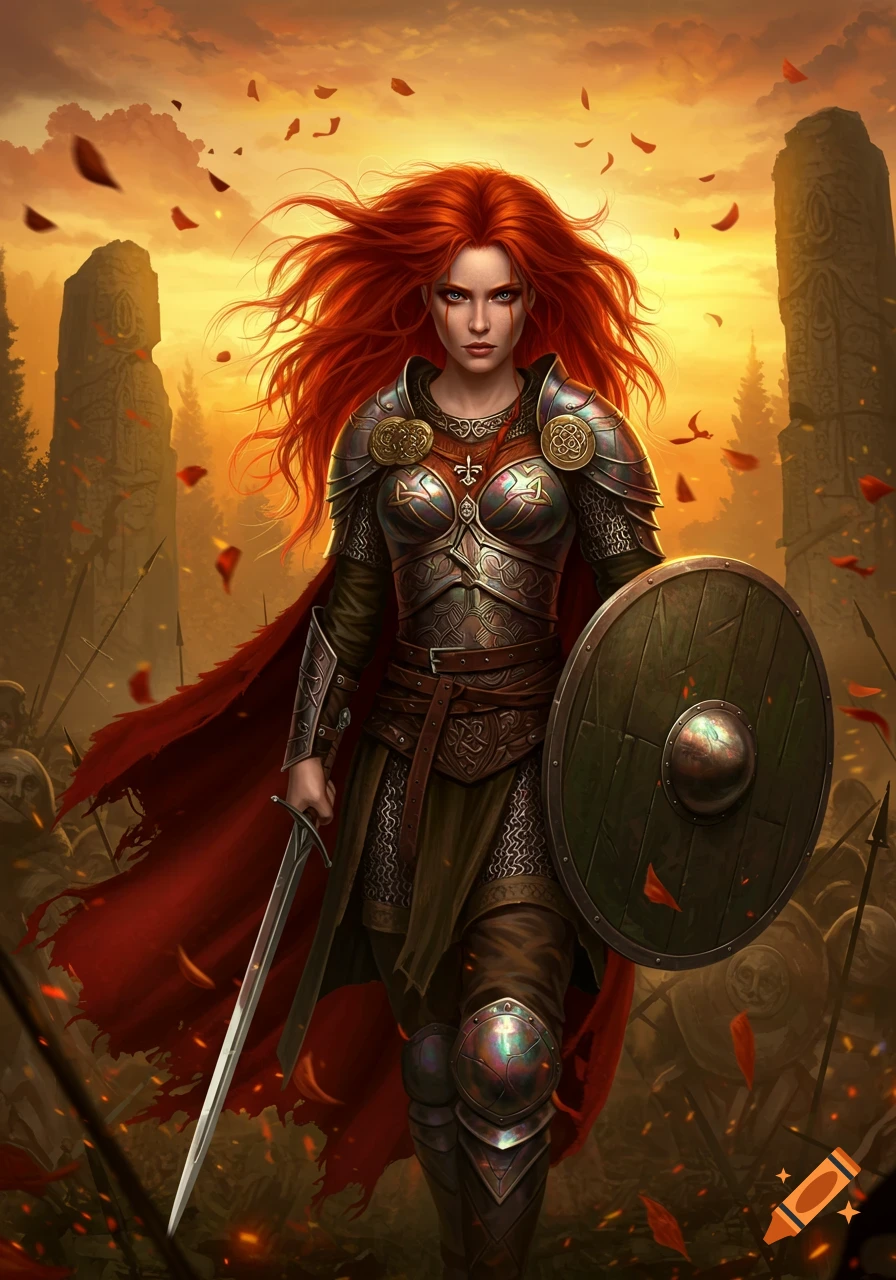 A fierce red-haired warrior in ornate armor with a sword and shield stands on a battlefield at sunset with ancient monoliths.