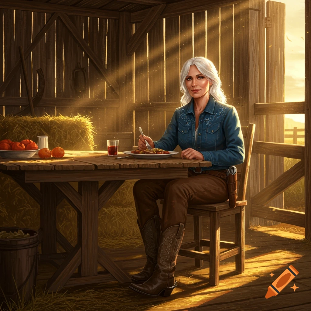 A middle-aged woman with white hair in western wear sits at a wooden table in a barn, eating a meal in warm sunlight.
