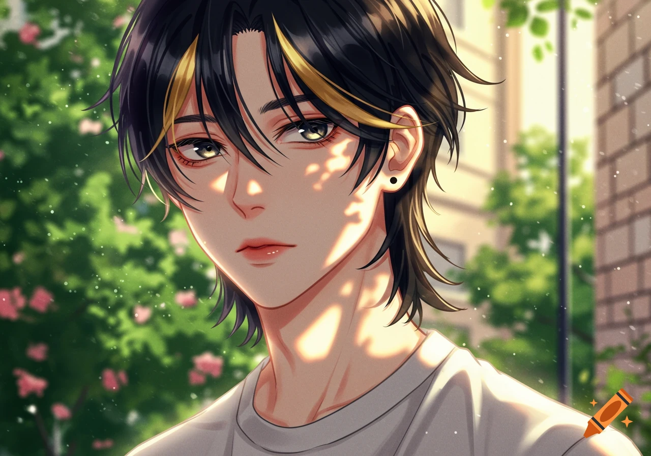 Close-up anime portrait of a boy with black and blonde hair, wearing a white t-shirt, in dappled sunlight outdoors.