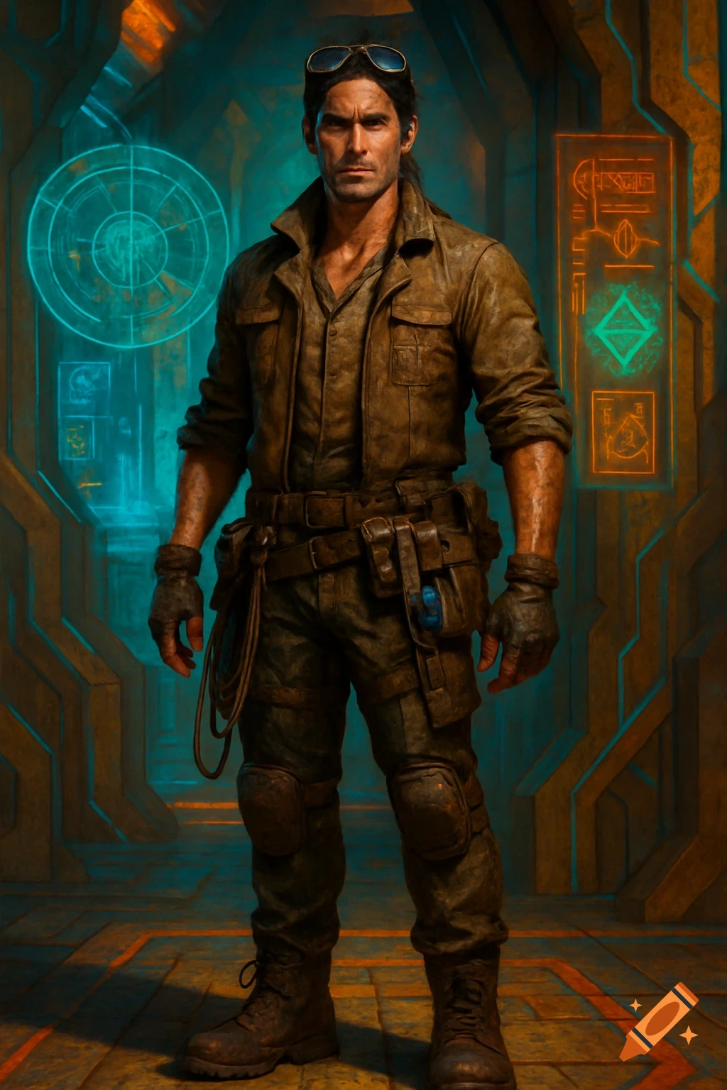 A lean, confident sci-fi explorer with a utility belt and goggles stands in a brightly lit futuristic corridor with glowing holographic displays.