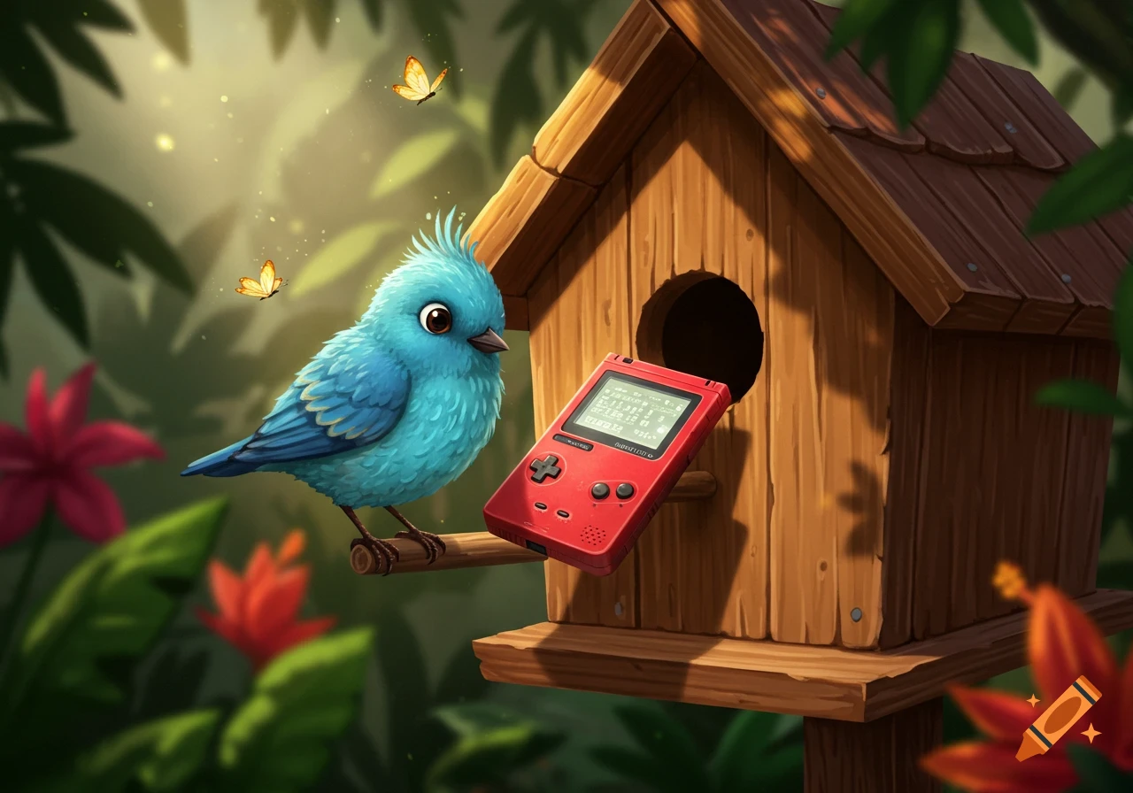 A cute, fluffy blue bird looks at a red Game Boy console emerging from a wooden birdhouse in a vibrant, lush forest. Cartoon style.