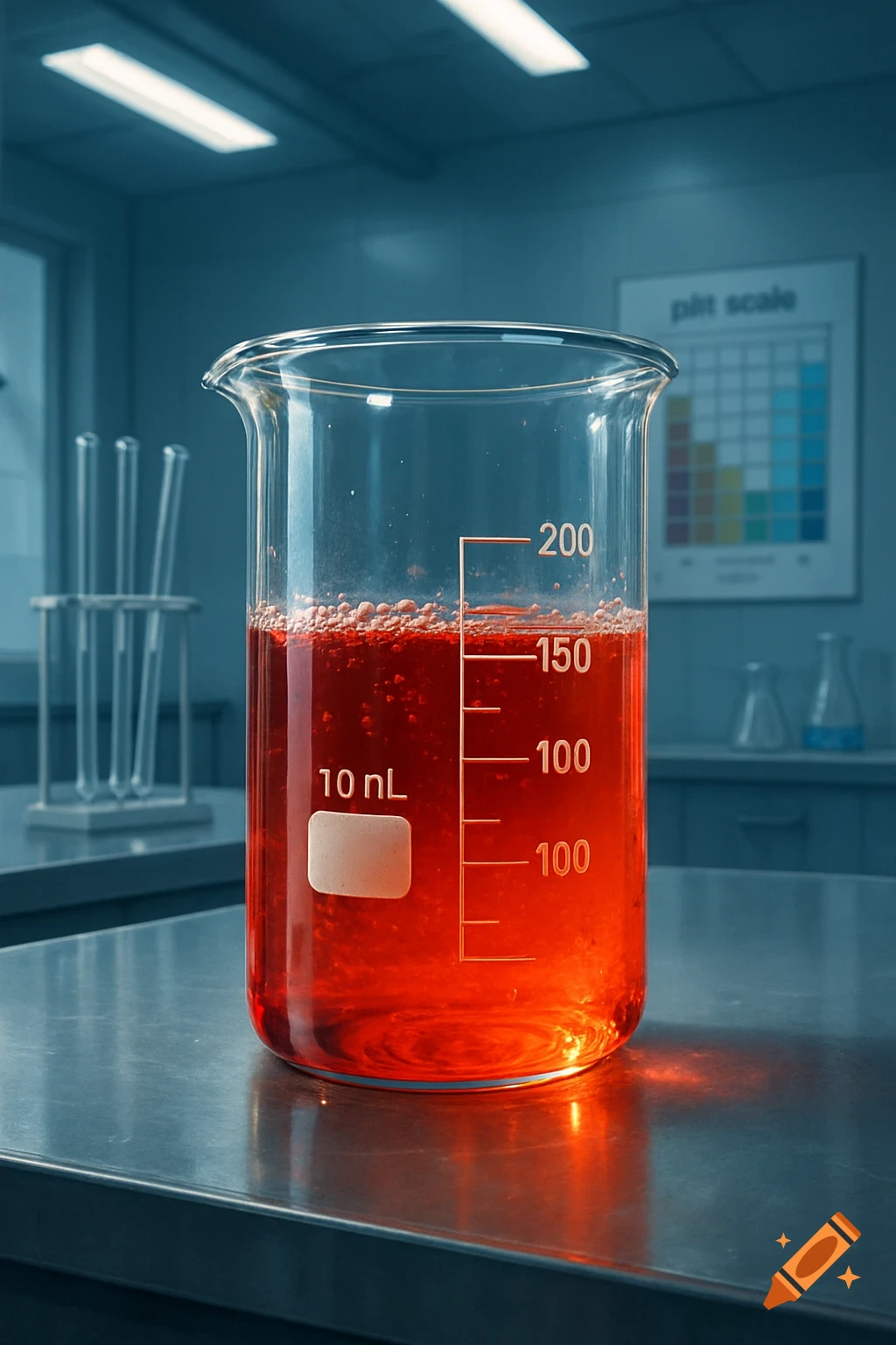 A glass beaker containing bubbling red liquid on a metal counter in a blue-lit science laboratory.