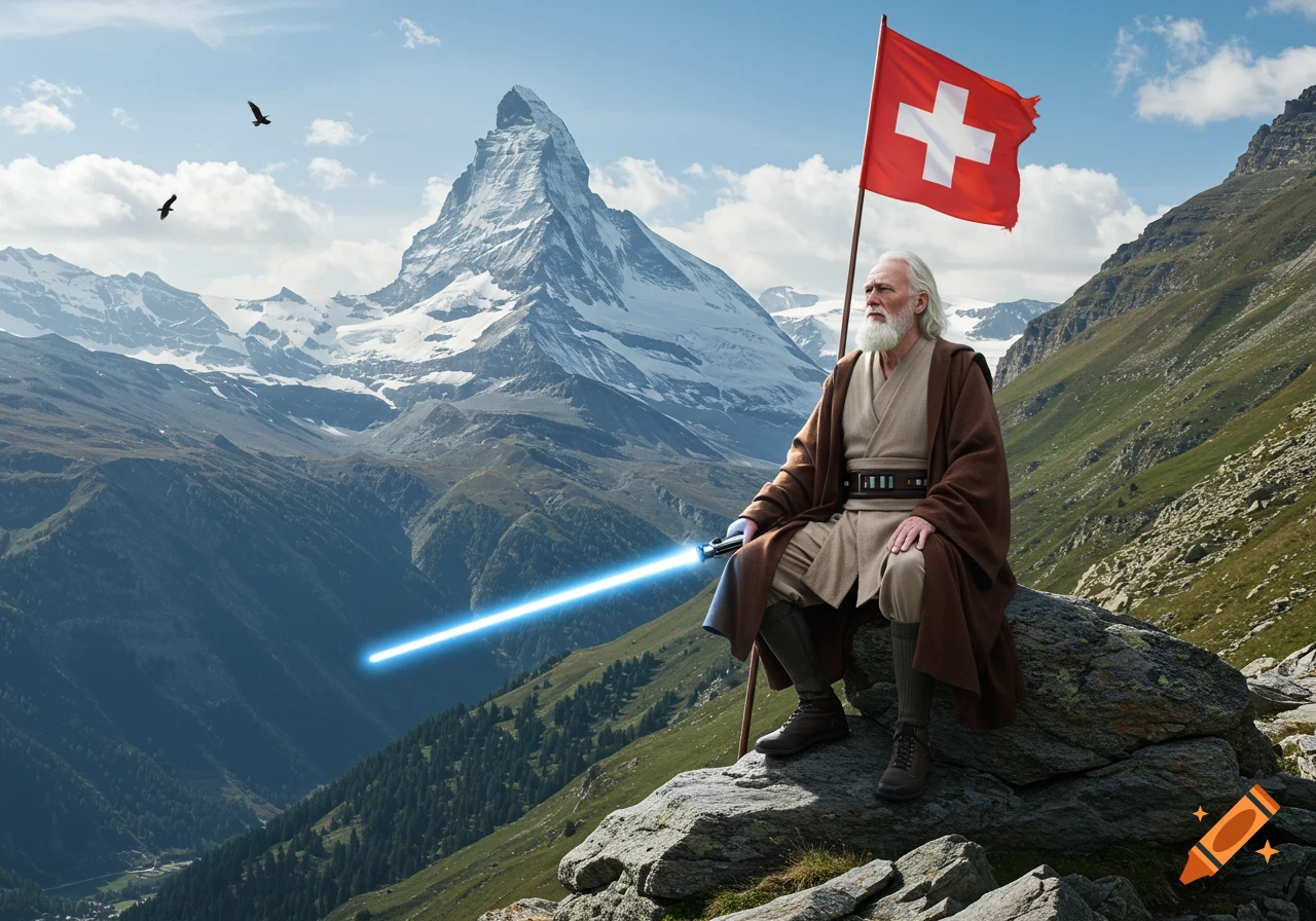 An old man dressed as a Jedi, holding a blue lightsaber, sits on a rock in front of the snow-capped Matterhorn mountain with a Swiss flag flying nearby.