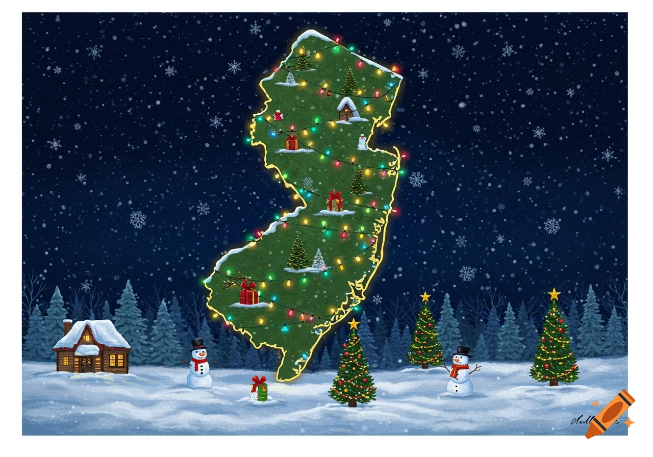 Stylized map of New Jersey as a snowy Christmas scene with lights, trees, gifts, snowmen, log cabin, and winter landscape.