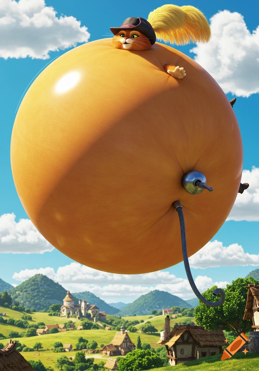 Perrito from Puss in Boots, inflated and wearing a hat, floats in a bright blue sky above a quaint fantasy village, with a hose connected to his bottom.