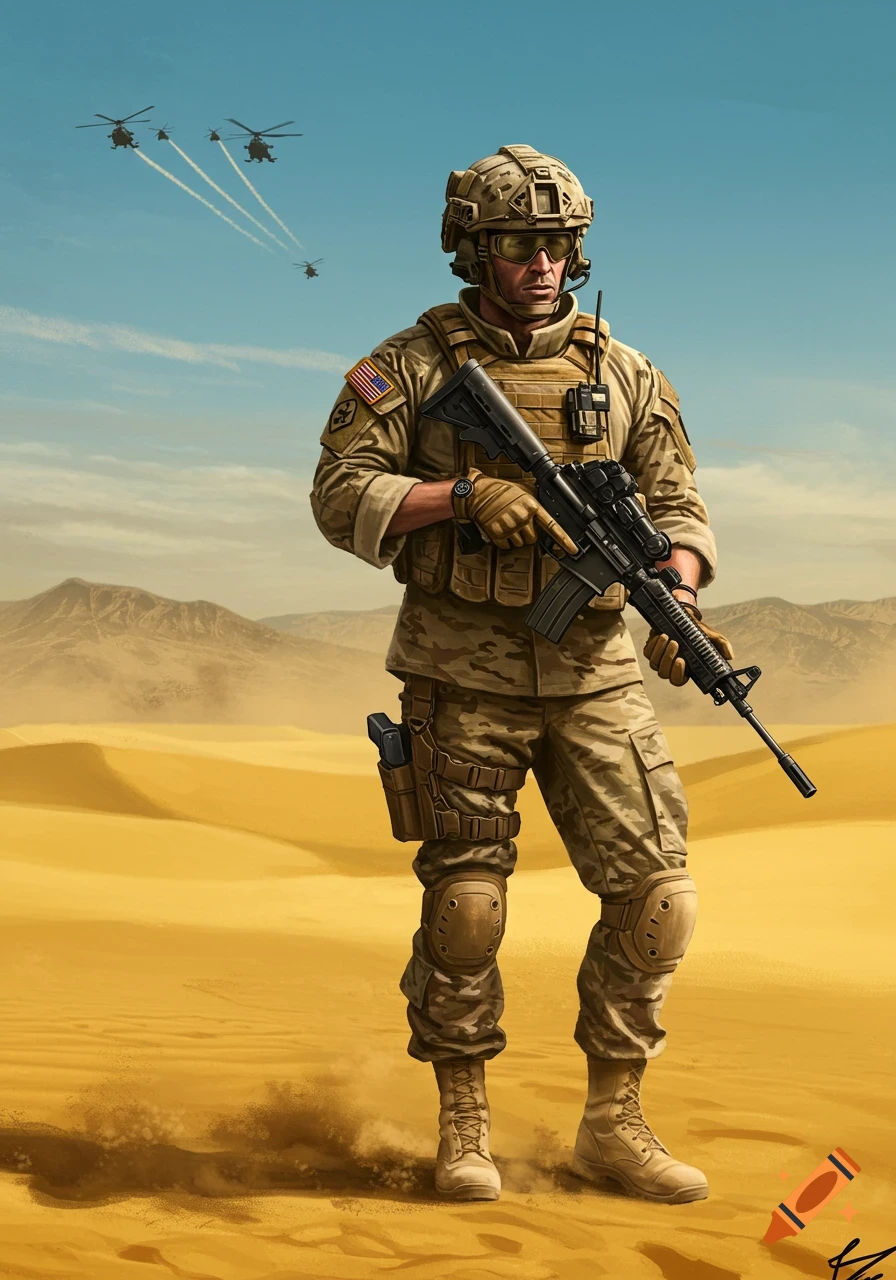 An illustrated US Army soldier in camouflage stands in a desert, holding a rifle, with helicopters in the sky.