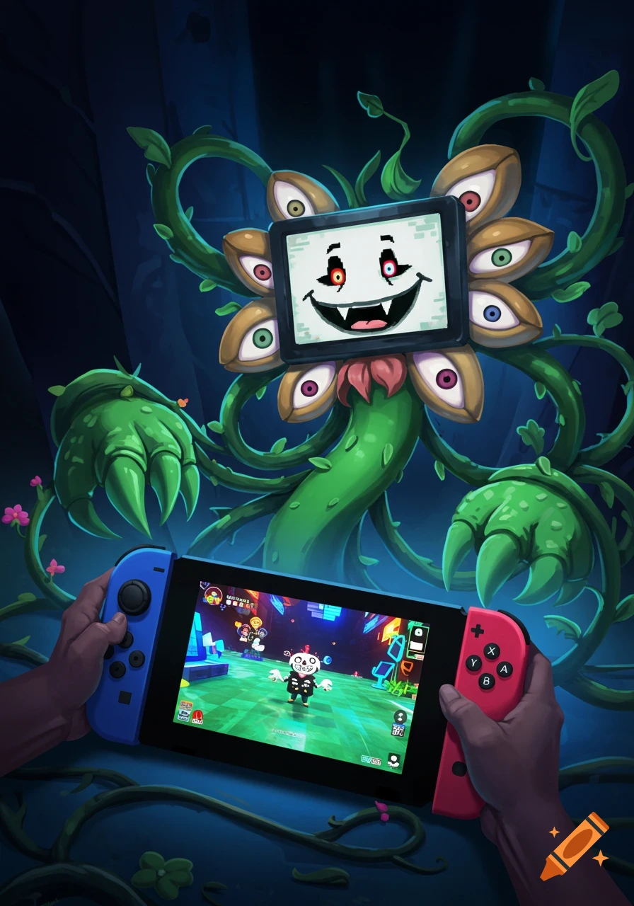 Omega Flowey, a monstrous plant with a TV screen face, menacingly clutches a Nintendo Switch in a dark, vine-filled cavern, playing a game.