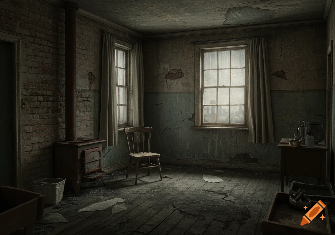 A dark, dilapidated room in an abandoned 1920s apartment, featuring peeling walls, a wood stove, a chair, and grimy windows.