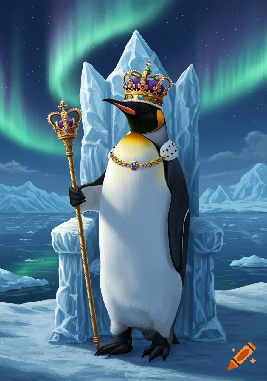 A regal king penguin, adorned with a golden crown and jeweled chain, holds a scepter while standing on ice under the aurora borealis.