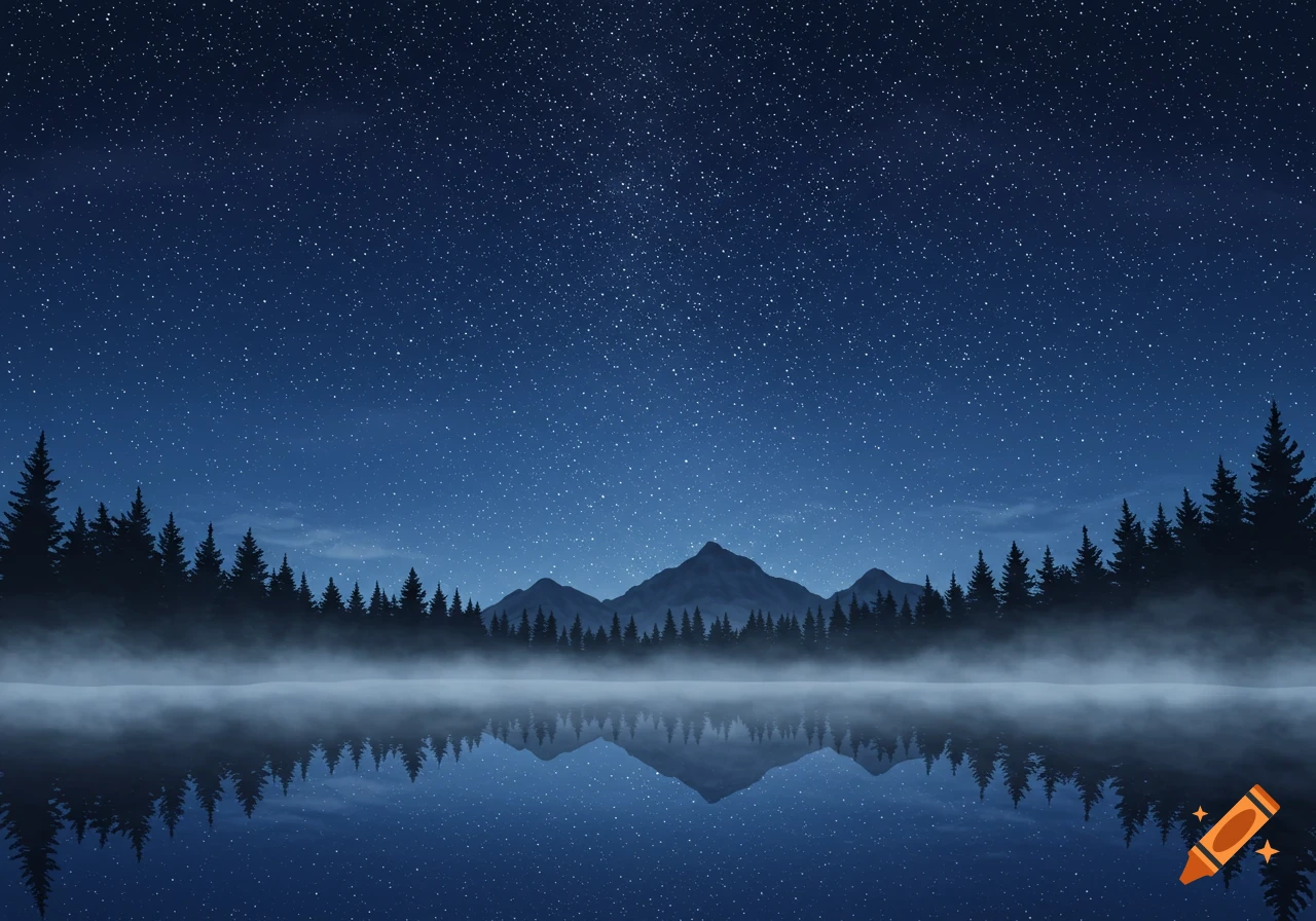 Starry night sky over a misty lake reflecting mountains and a forest of pine trees.