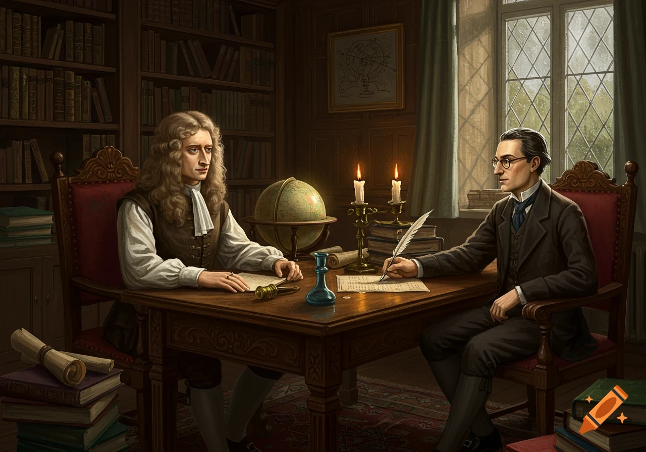 An illustration of Isaac Newton and Fernando Pessoa sitting at a wooden desk in a library, surrounded by books, a globe, and candlelight.