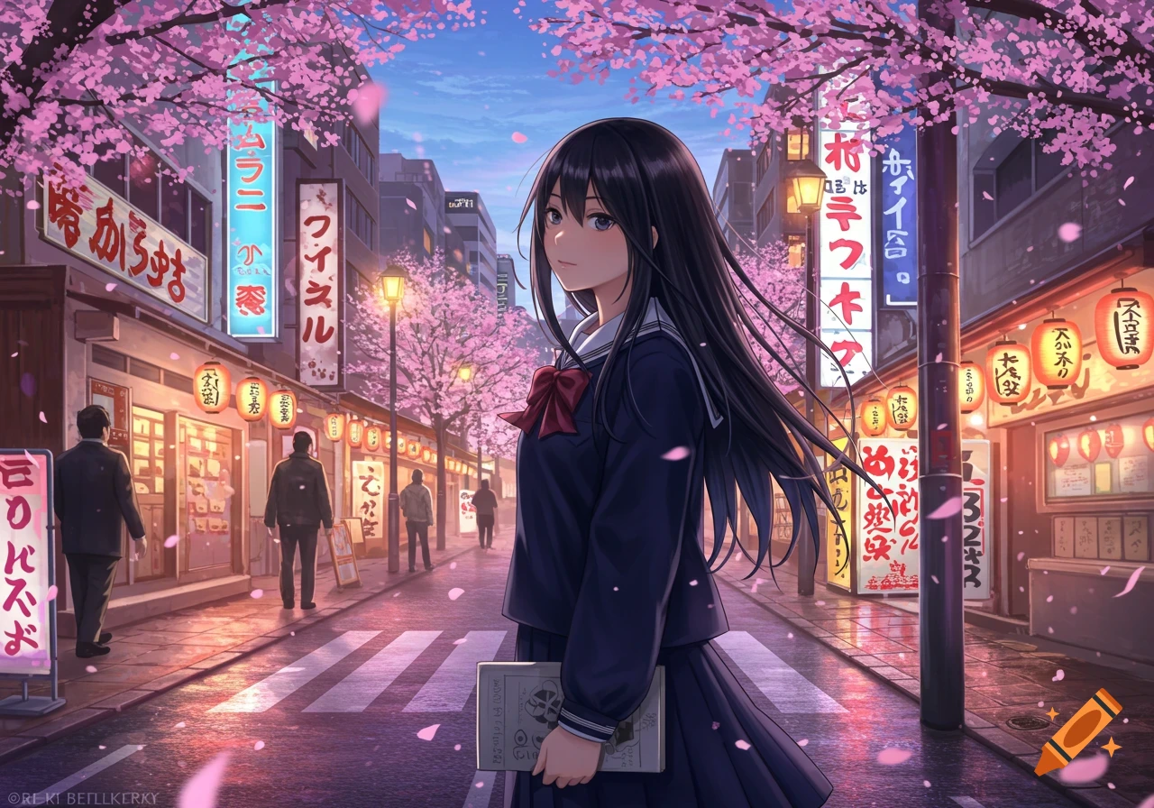 Anime depiction of a Japanese schoolgirl standing on a cherry blossom-lined city street at dusk, with glowing lanterns and signs.