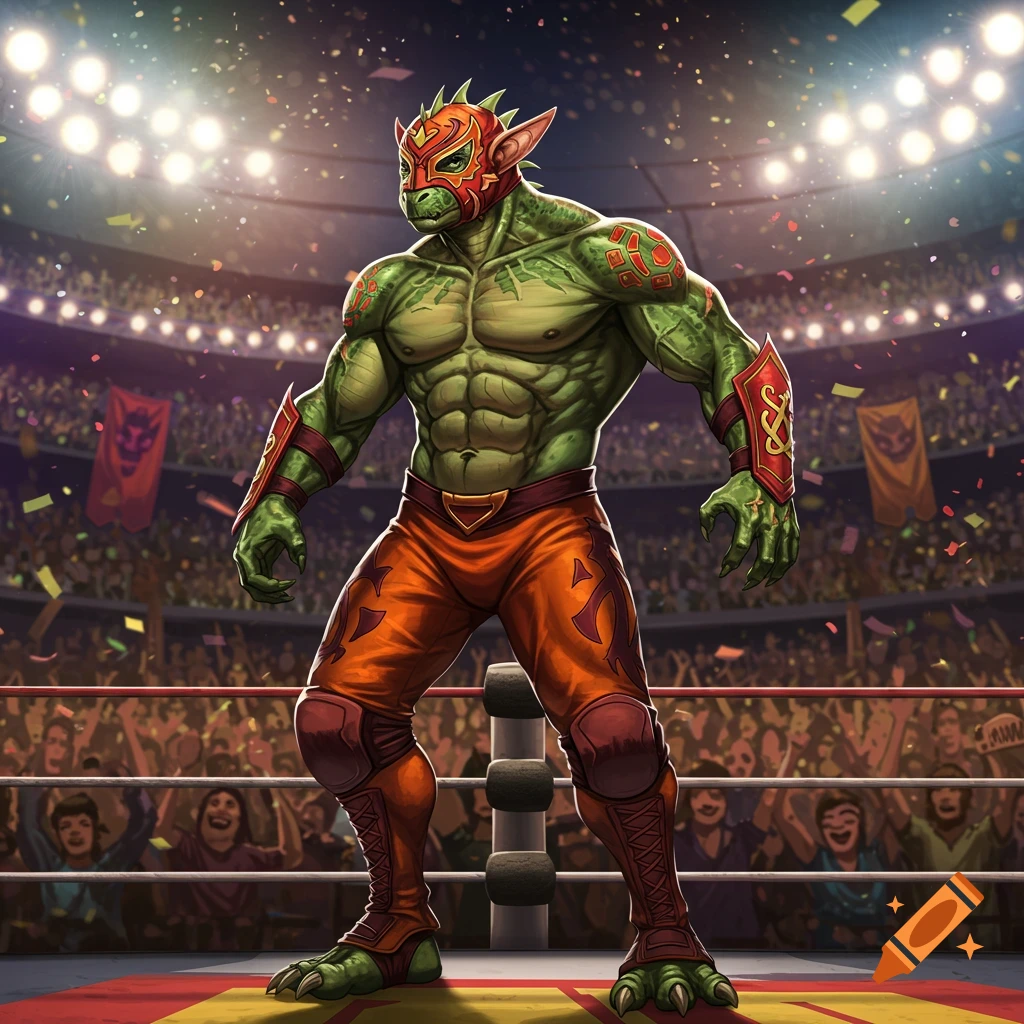 A muscular green lizardfolk luchador wearing a red mask and orange attire stands in a brightly lit wrestling ring. Vibrant digital art.