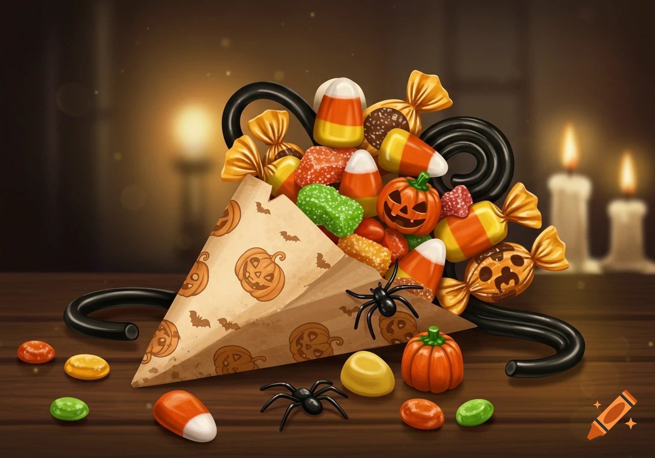 An illustration of a Halloween sweet cone overflowing with various candies, including candy corn, gummy sweets, and pumpkin-shaped candies, on a wooden table with spiders, in a dim lit room with candles in the background.