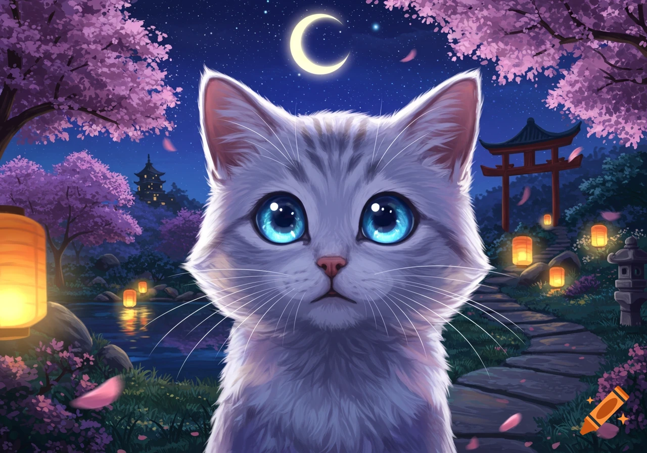 A close-up of a fluffy anime-style cat with big blue eyes, in a magical Japanese night landscape with cherry blossoms and lanterns.
