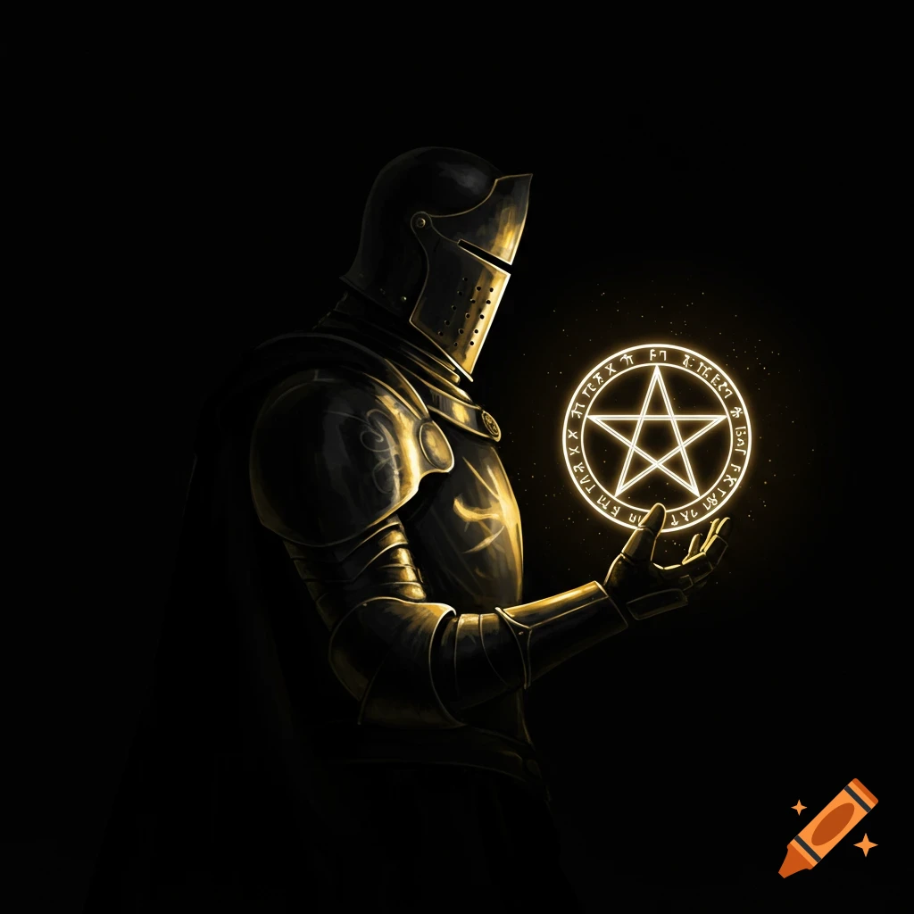 A dark silhouette of a knight in golden armor holding a glowing pentacle against a black background.