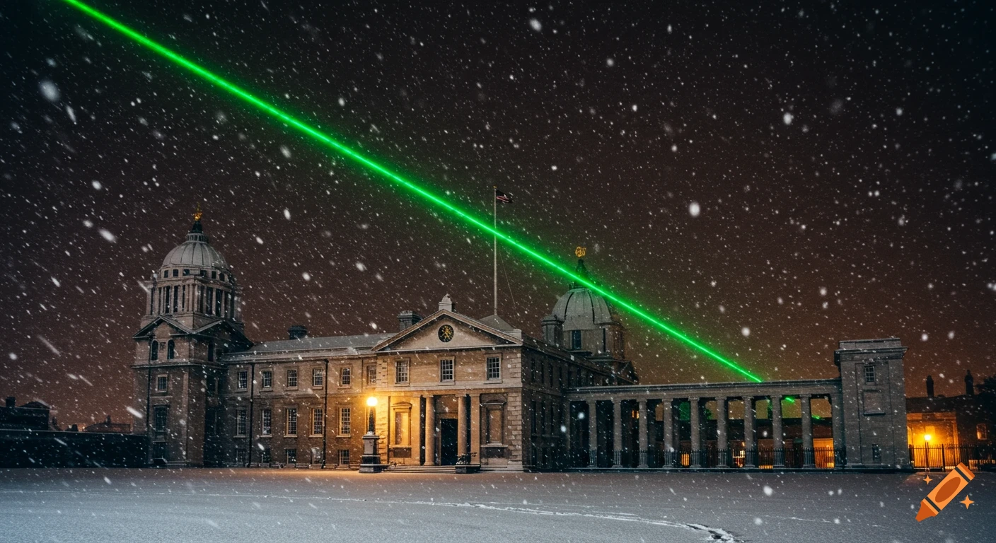 A grand, classical building on a snowy night, with a bright green laser beam shining into the dark sky.