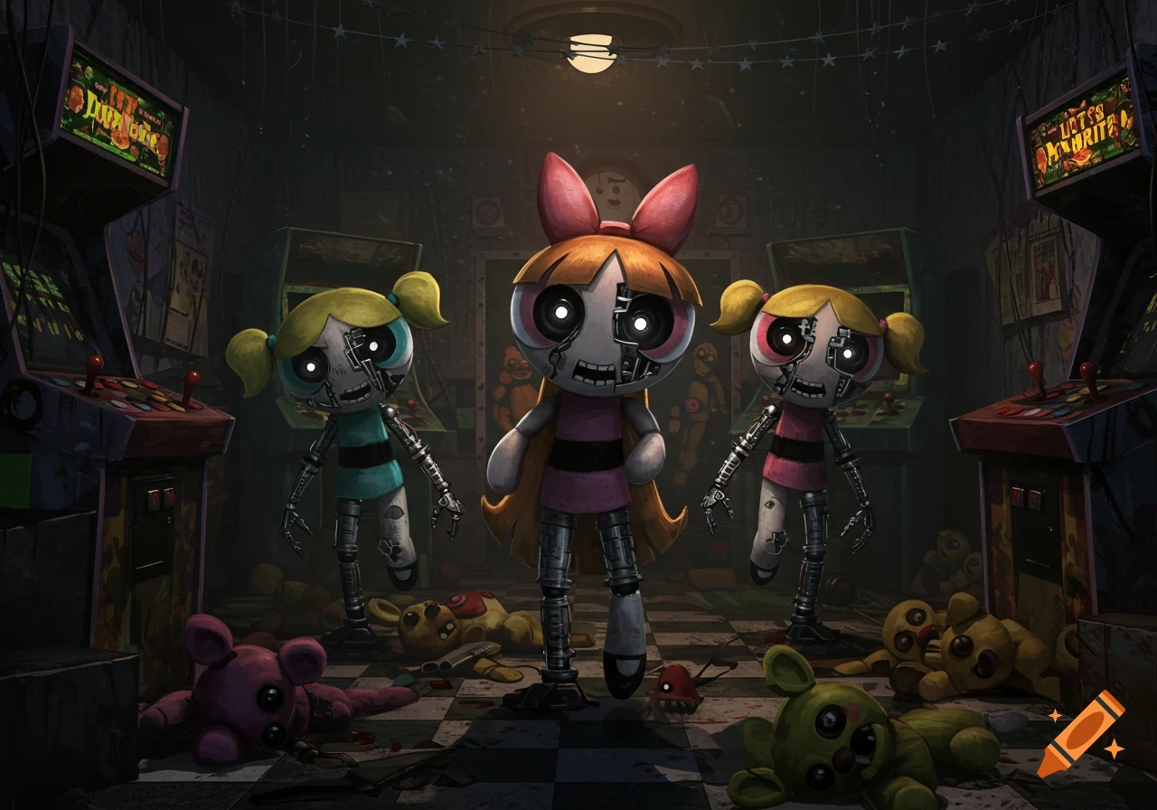 Three Powerpuff Girls as animatronic robots with glowing eyes and exposed endoskeletons stand in a dark, dilapidated arcade filled with broken machines and torn plush toys, in the style of Five Nights at Freddy's.
