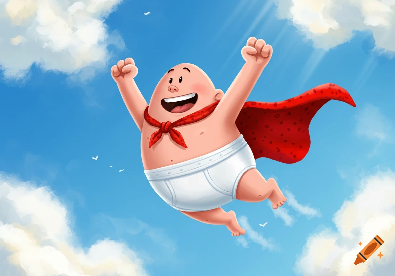 Cartoon character resembling Captain Underpants, wearing briefs and a red cape, flying triumphantly in a blue sky.