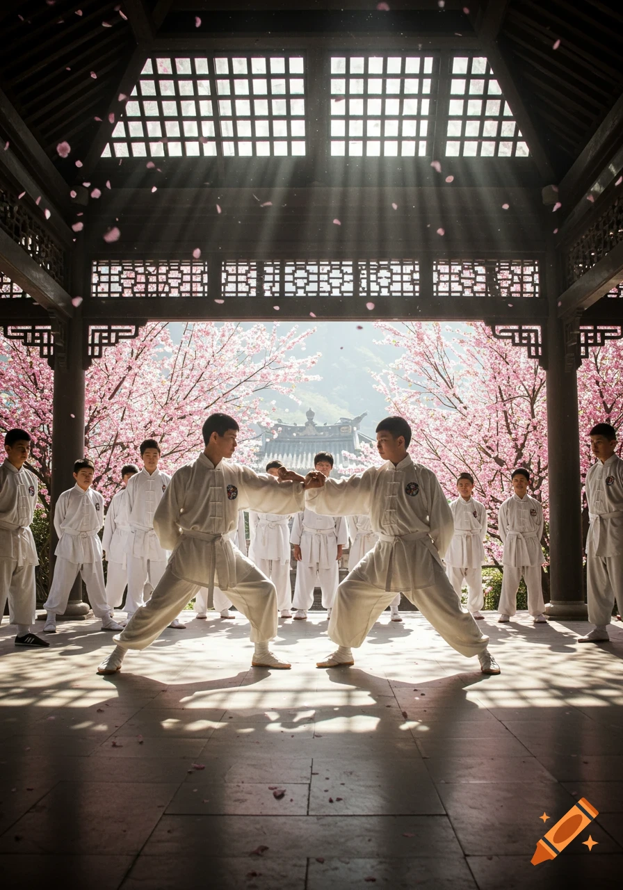 Two young male pupils in white gis practice Kung Fu in an open-air temple surrounded by cherry blossom trees with falling petals.