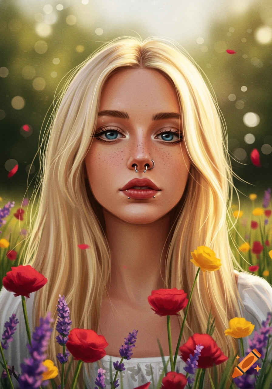 Digital art portrait of a blonde woman with blue eyes, freckles, and a septum piercing, surrounded by colorful flowers and falling petals.