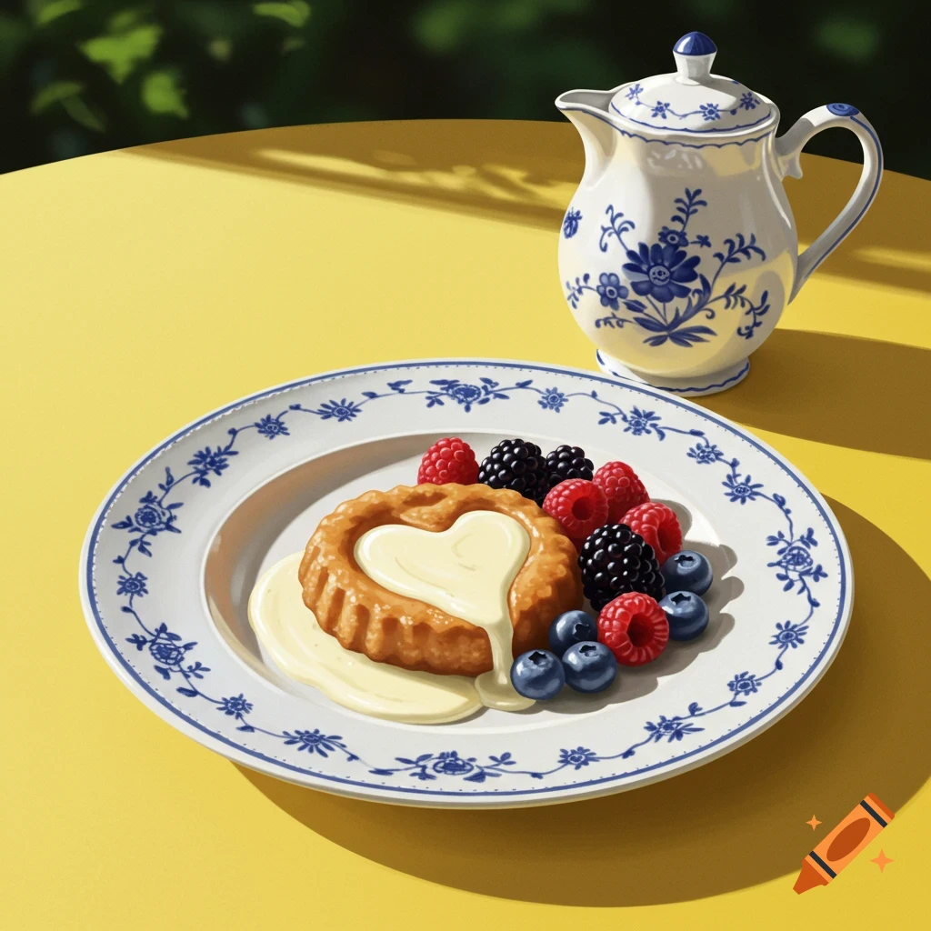 A heart-shaped dessert with vanilla sauce and mixed berries on a blue-patterned plate, with a matching pitcher on a yellow table.