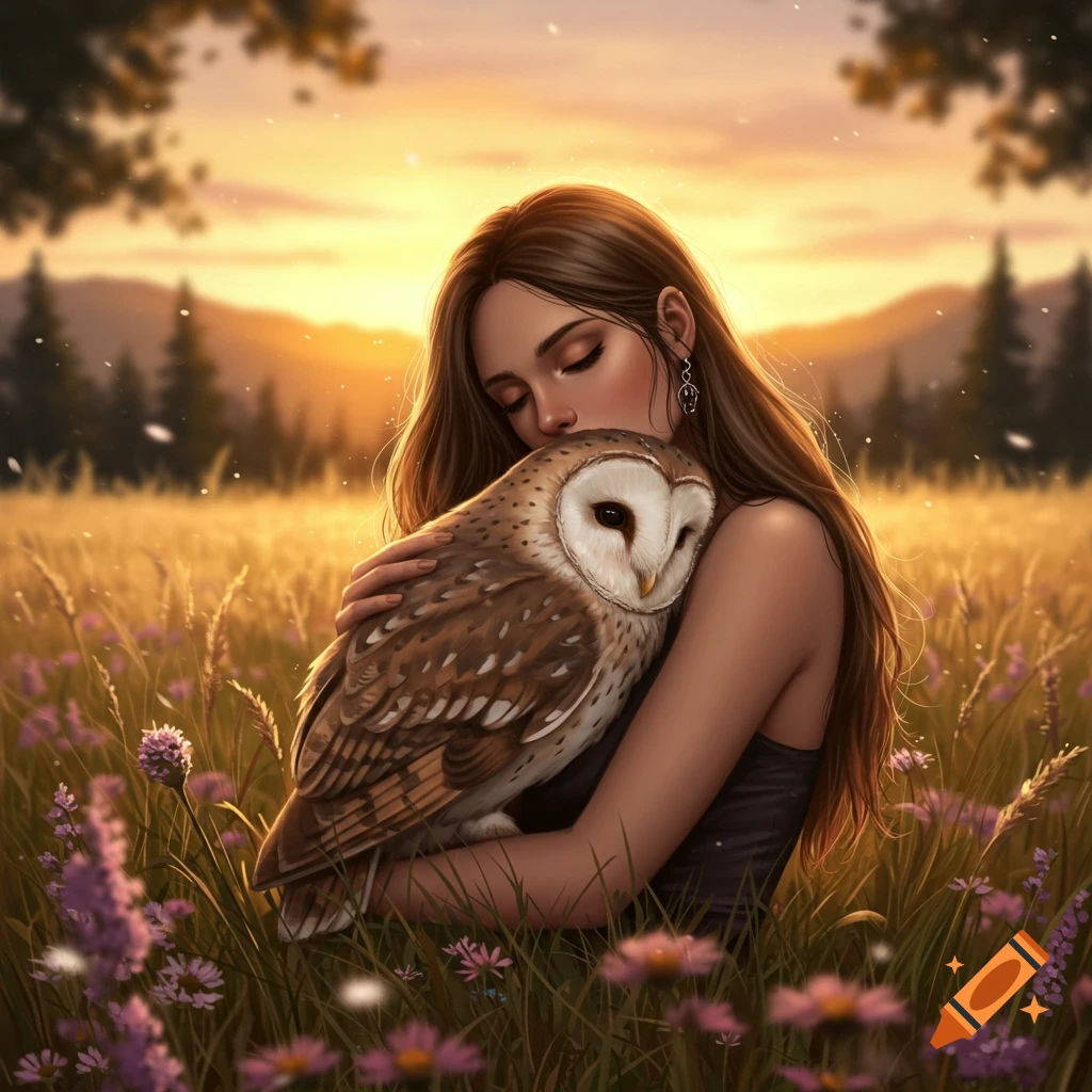 A woman with long brown hair gently hugs a barn owl in a field of tall grass and wildflowers at sunset with a warm glow.