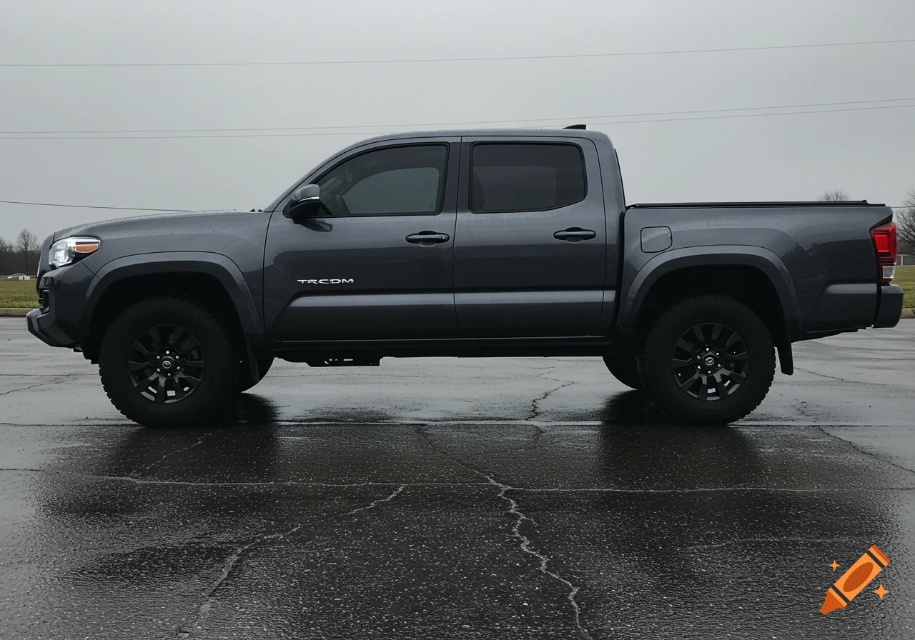 A dark gray Toyota Tacoma truck parked on a wet asphalt surface, viewed from the side under an overcast sky.
