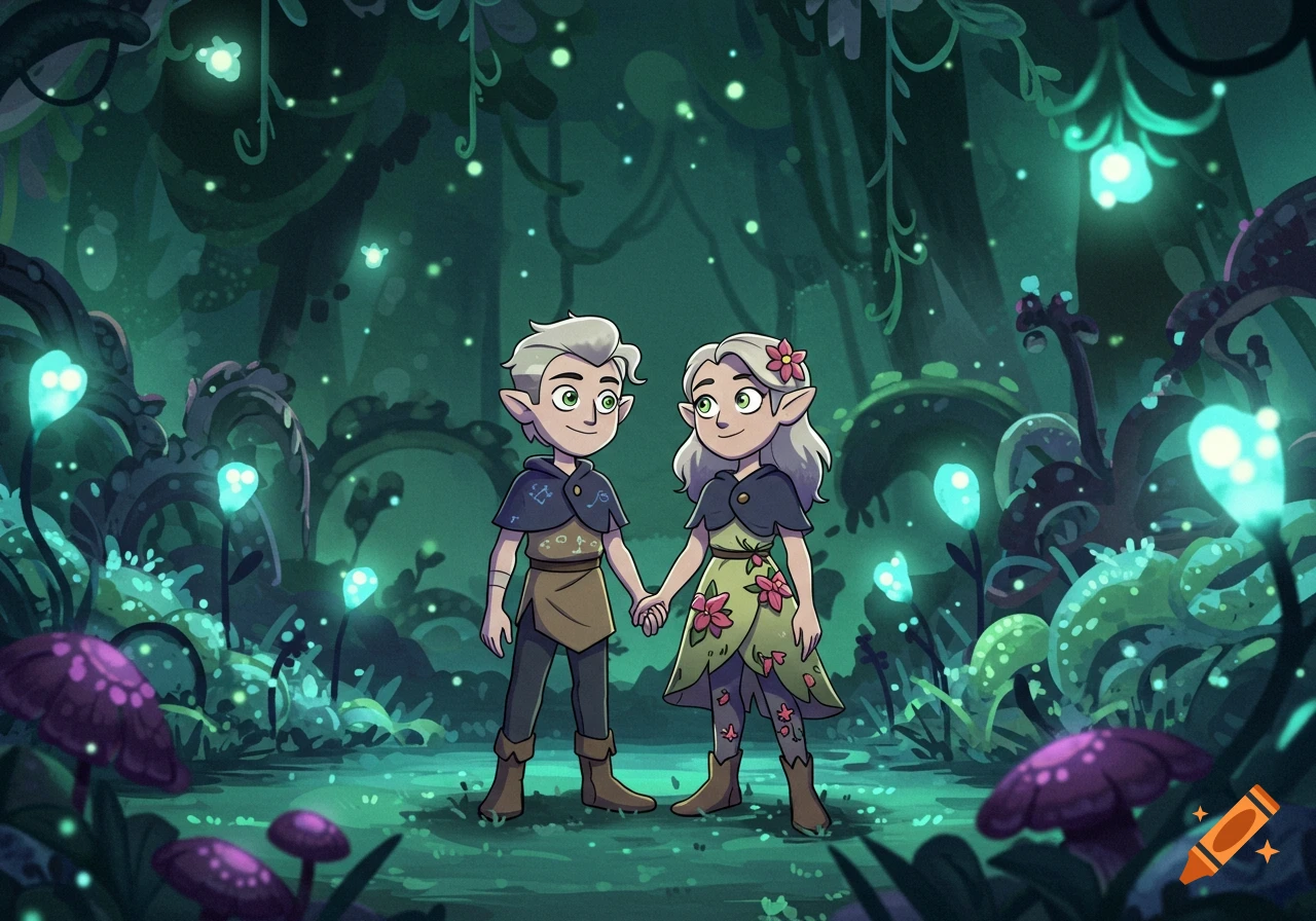 Cartoon elf-like boy and girl holding hands in a dark, glowing fantasy forest with magical plants.