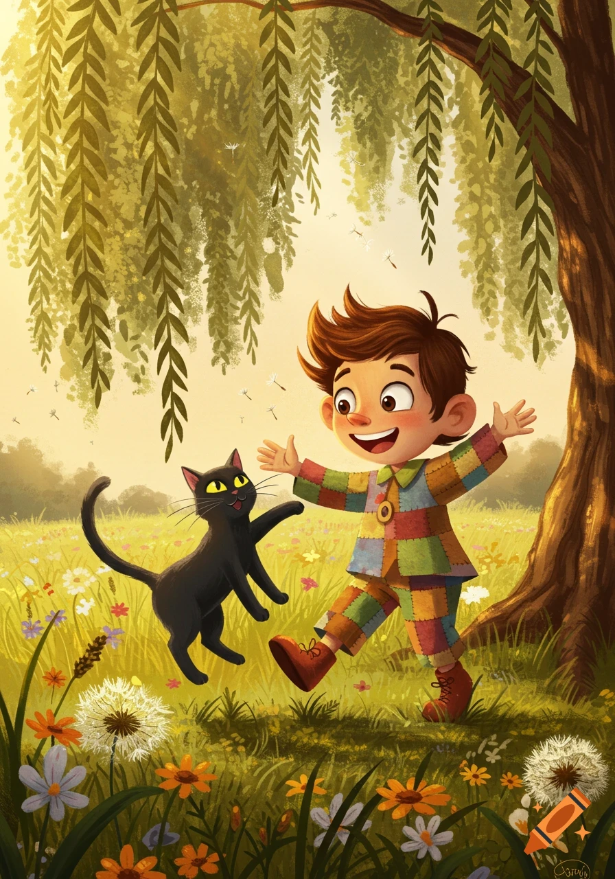 A whimsical illustration of a happy boy in a patched outfit playing with a black cat in a sunny, flower-filled field under a willow tree.