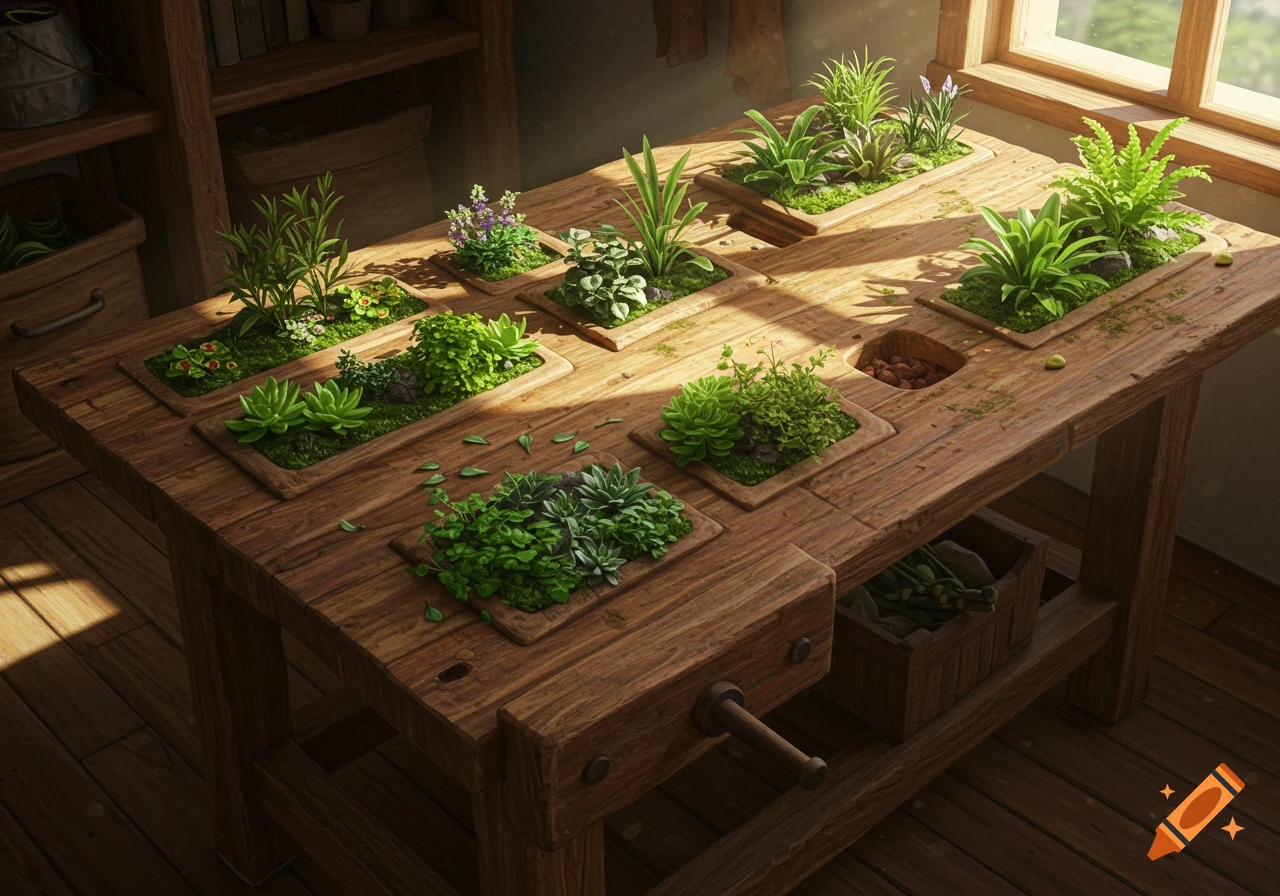 A well-lit wooden workbench with several rectangular cutouts, each containing different green plants and succulents, some with small flowers.