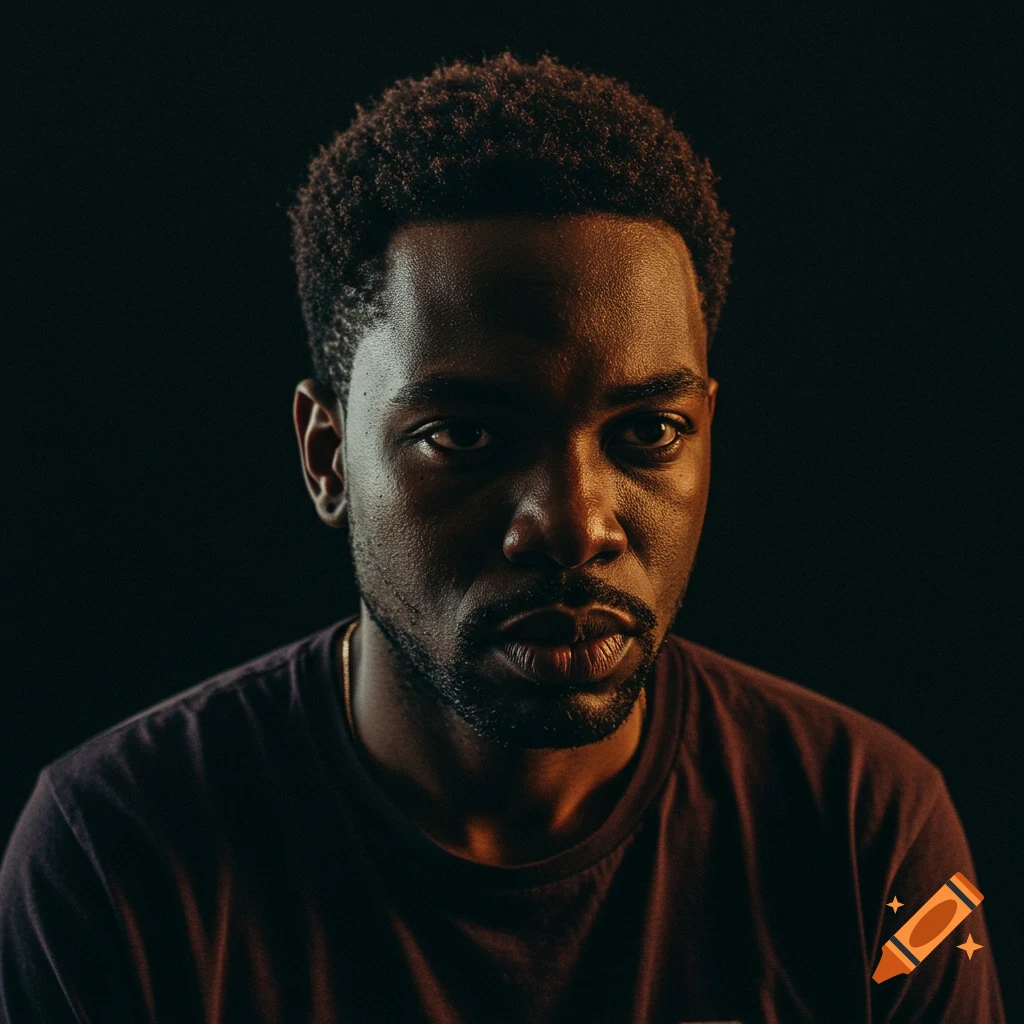 Close-up portrait of a man with short curly hair and beard, dramatically lit with warm light against a dark background.