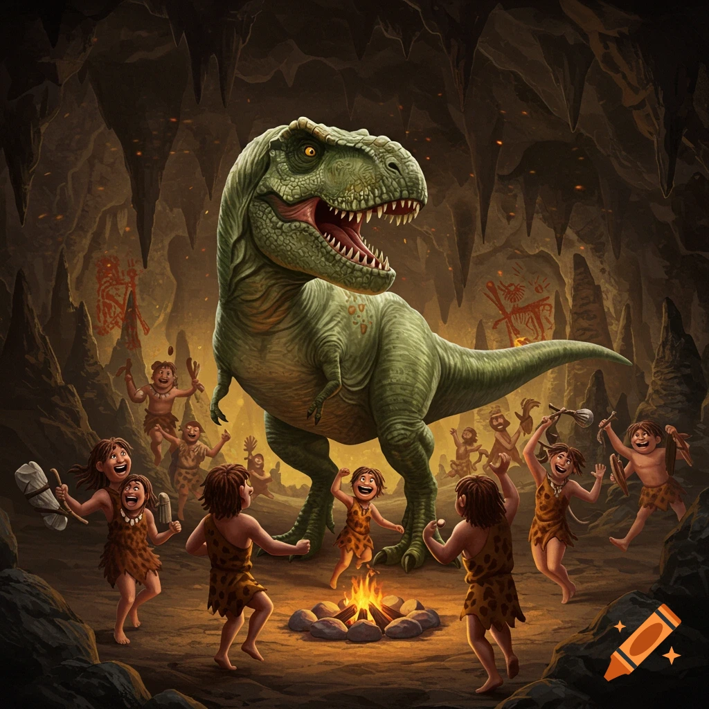 A huge green T-Rex and joyful cartoon cavemen dance around a campfire in a dark cave adorned with red cave paintings.