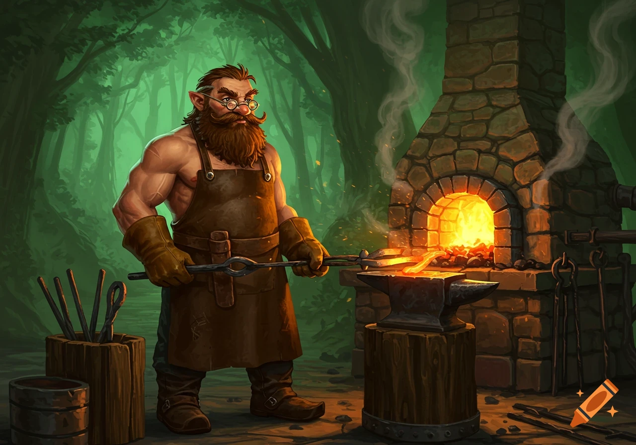 A muscular, bearded gnome with glasses and a leather apron forges hot metal on an anvil next to a glowing stone furnace in a green forest.