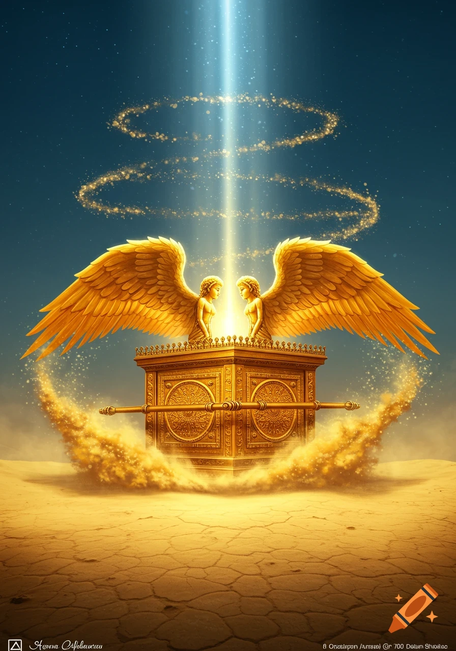 Golden Ark of the Covenant with winged cherubim glowing under a divine light beam in a desert. Golden dust spirals in the mystical atmosphere.