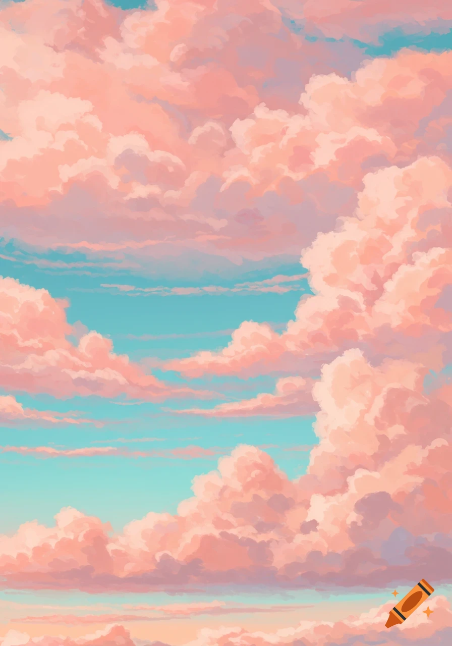 Pink and peach-colored clouds fill a turquoise-blue sky in a digital painting.