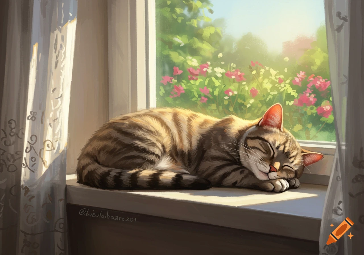 A tabby cat sleeps peacefully on a sunlit windowsill, with green foliage and pink flowers visible outside, in a digital painting style.