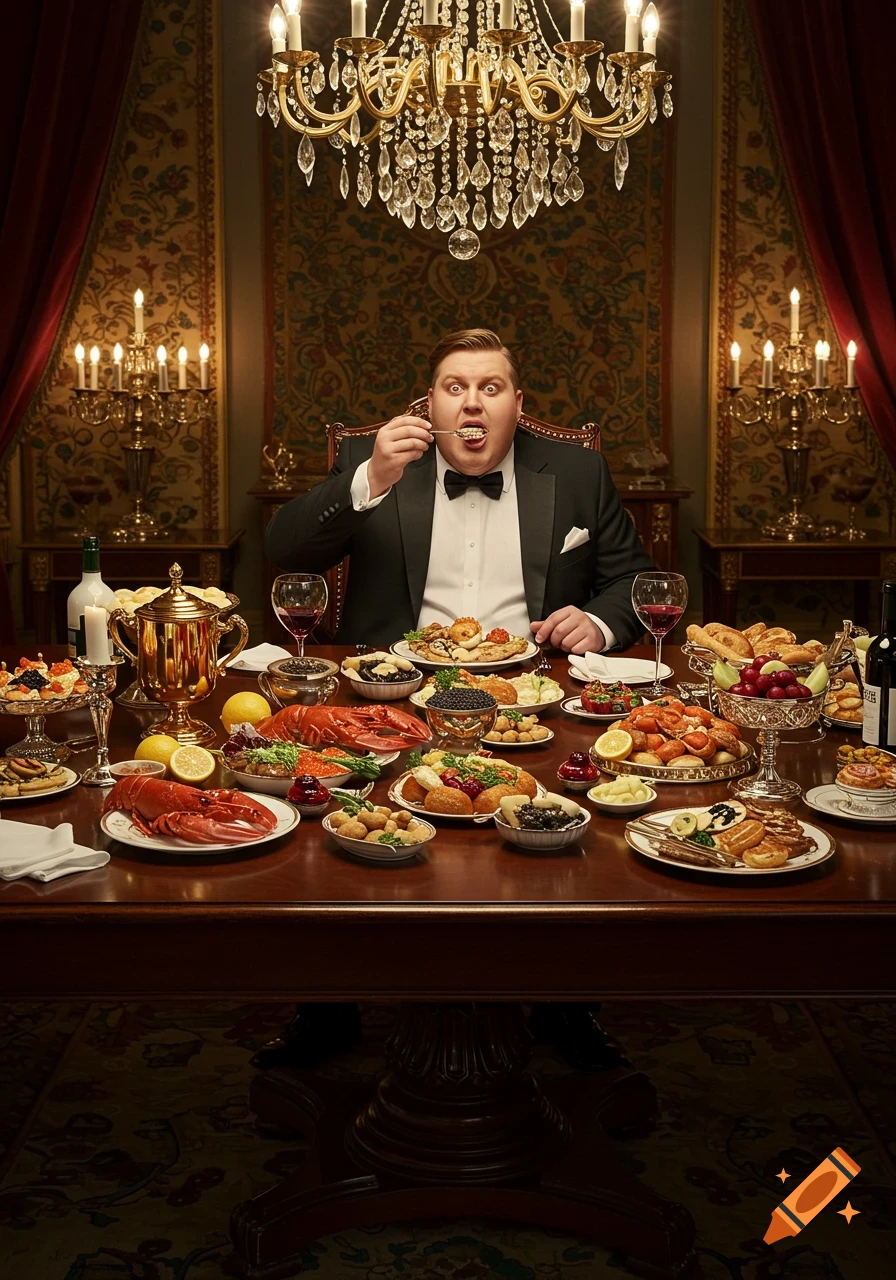 A well-dressed man enthusiastically eating a large meal at a banquet table filled with various dishes in a luxurious dining room.