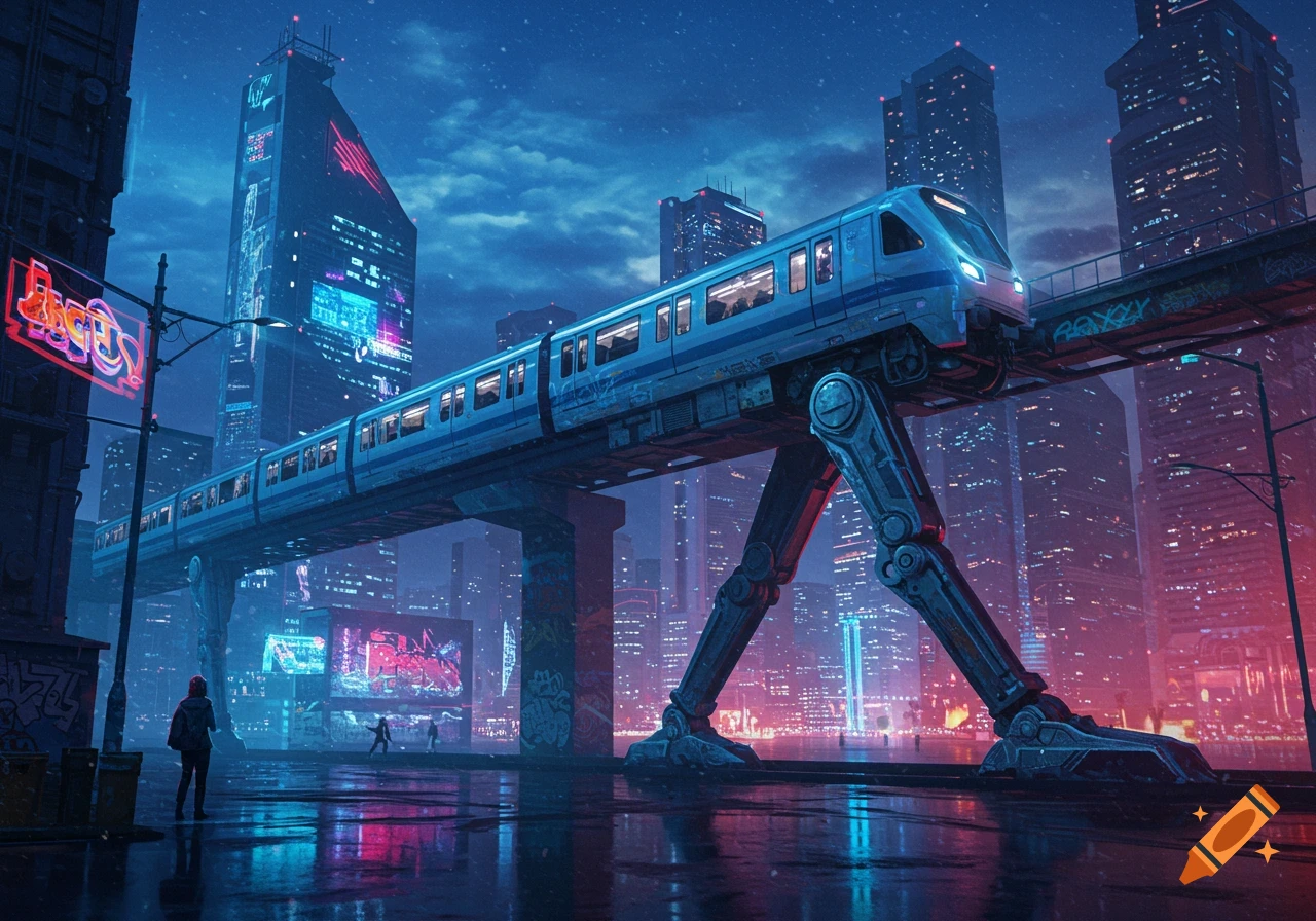 A blue train with mechanical legs on an elevated track in a neon-lit cyberpunk city at night.