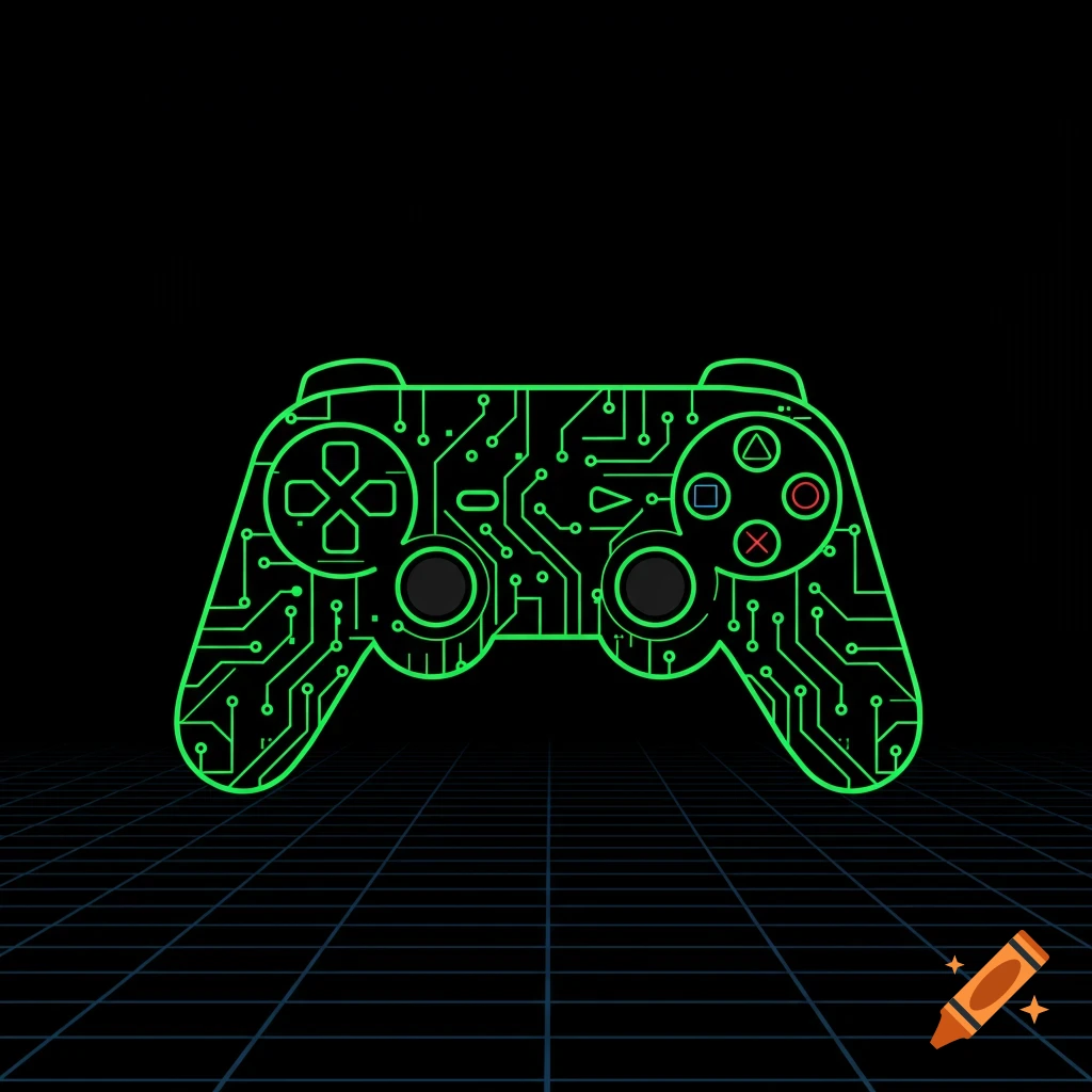A minimalist neon green game controller with circuitry lines on a black background and a subtle grid pattern.