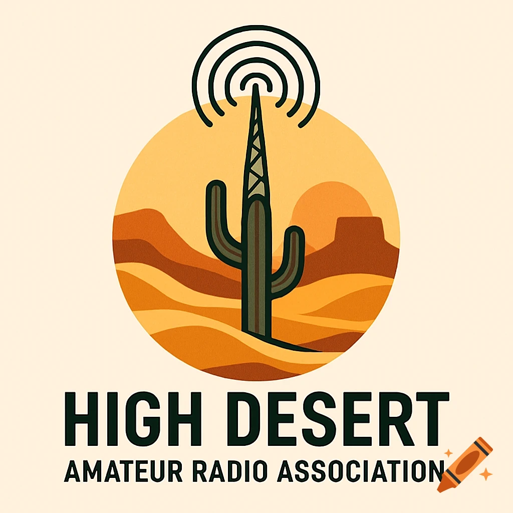 Logo for High Desert Amateur Radio Association with a saguaro cactus as a radio antenna in a desert landscape.