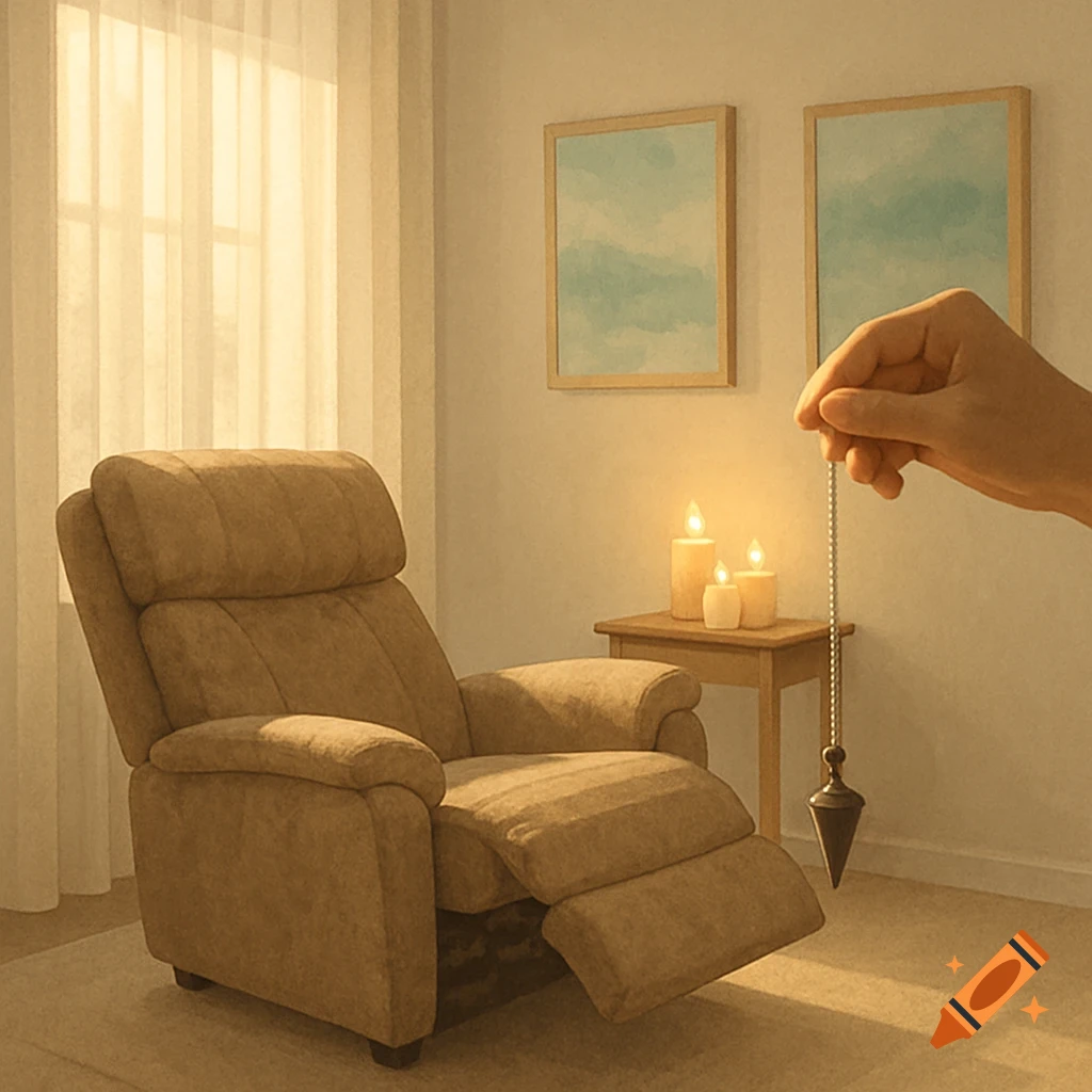 A hand holds a pendulum above a recliner chair in a softly lit room with candles and framed art, evoking a therapeutic atmosphere.