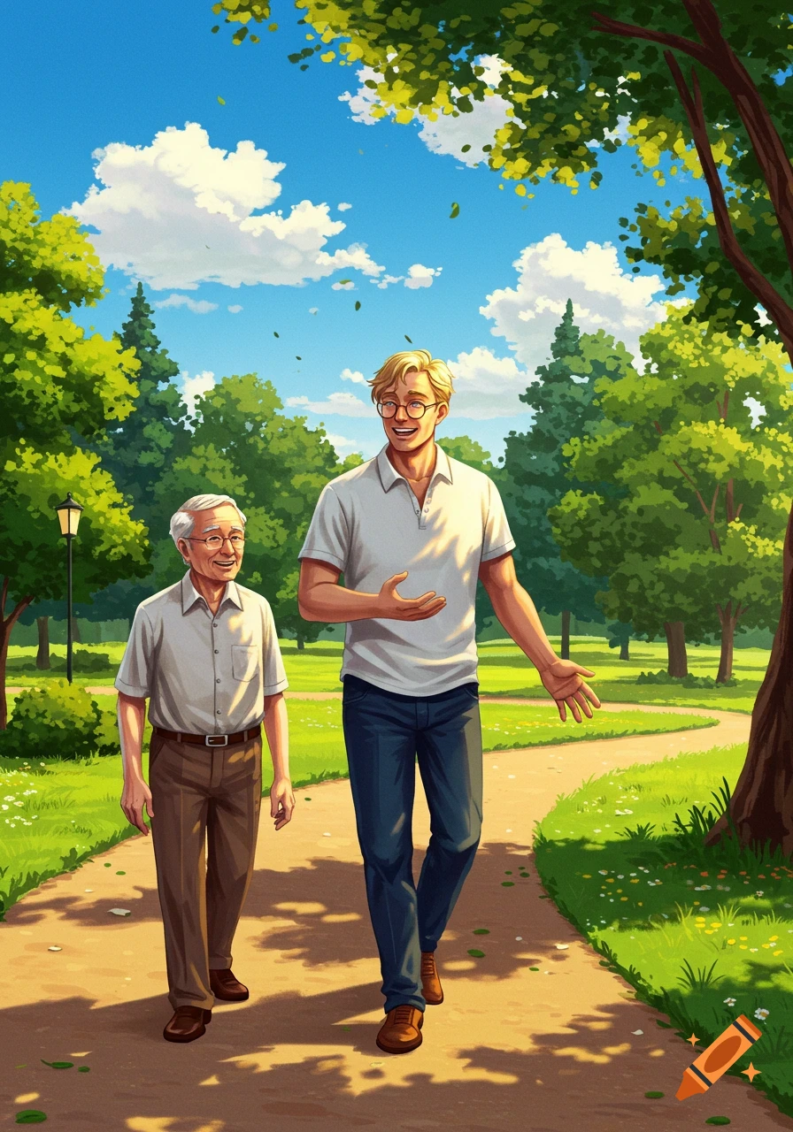 An illustration of a young man and an older man walking and talking in a sunny park.