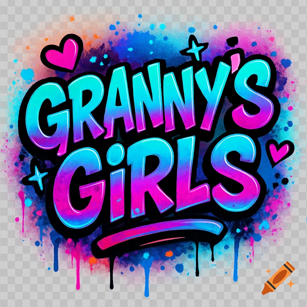 Graffiti text art 'GRANNY'S GIRLS' with neon turquoise, pink, purple, blue 3D bubble letters, paint drips, splatters, hearts, and stars.