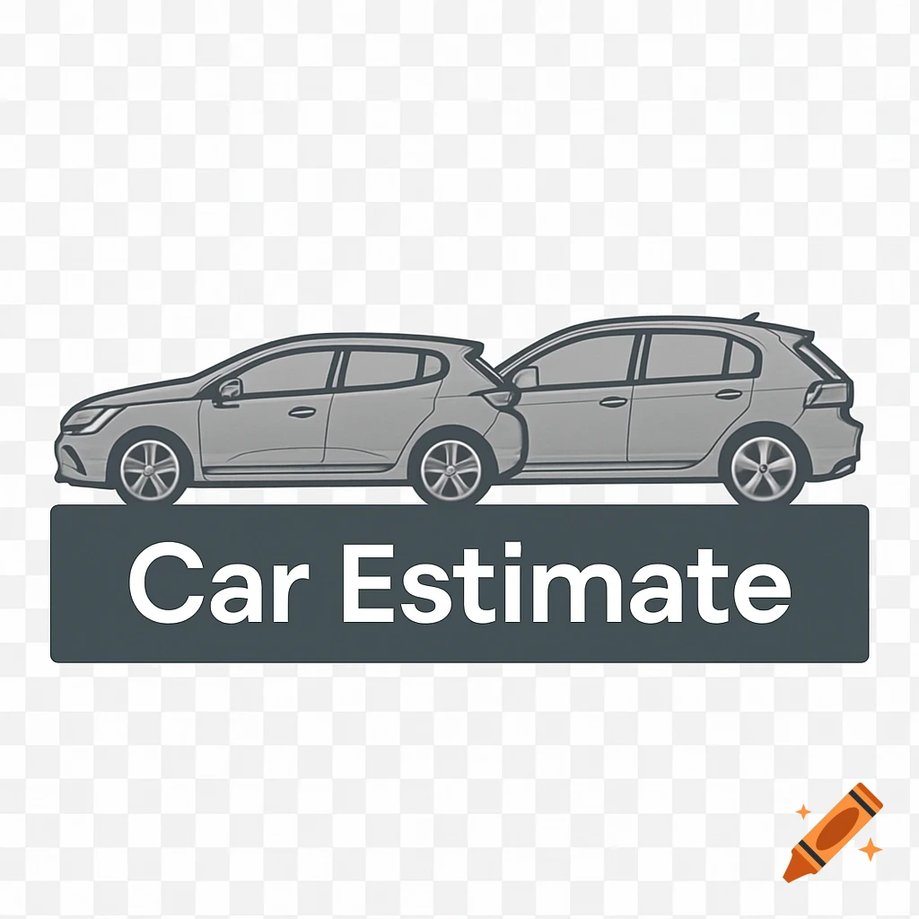 Minimalist vector illustration of two gray cars, one rear-ending the other, above a dark banner with the text 'Car Estimate'.