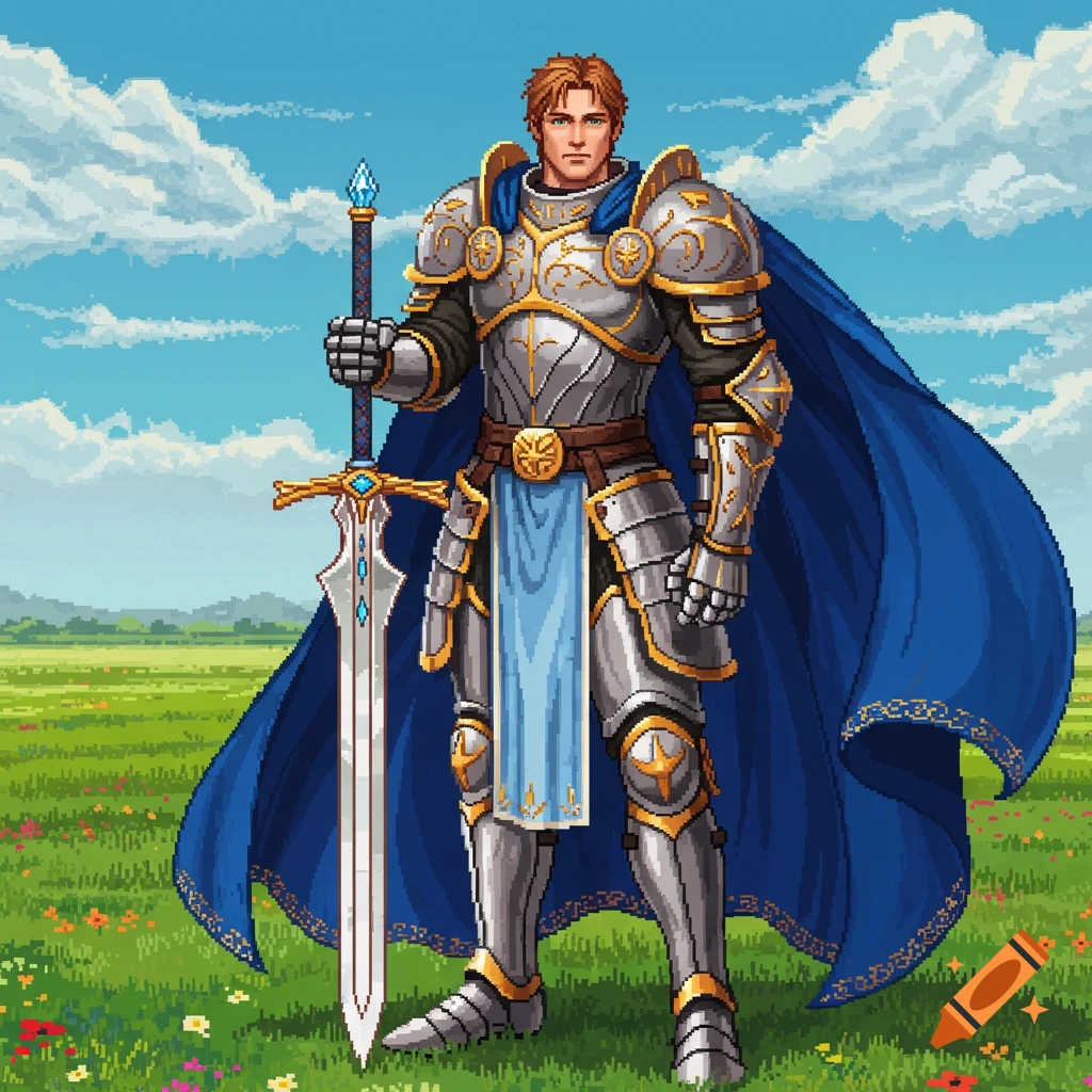 A pixel art paladin in silver and gold armor with a blue cape stands in a green field under a cloudy sky, holding a large sword.