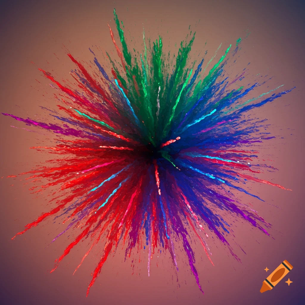 A vibrant explosion of red, green, blue, and purple powder radiating from a dark center against a brown background.