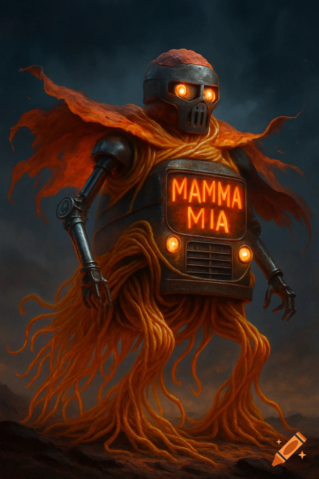 A monstrous robot with spaghetti limbs and a metal mask with glowing eyes. Its chest reads 'MAMMA MIA' in glowing red, and it wears a shredded noodle cape.