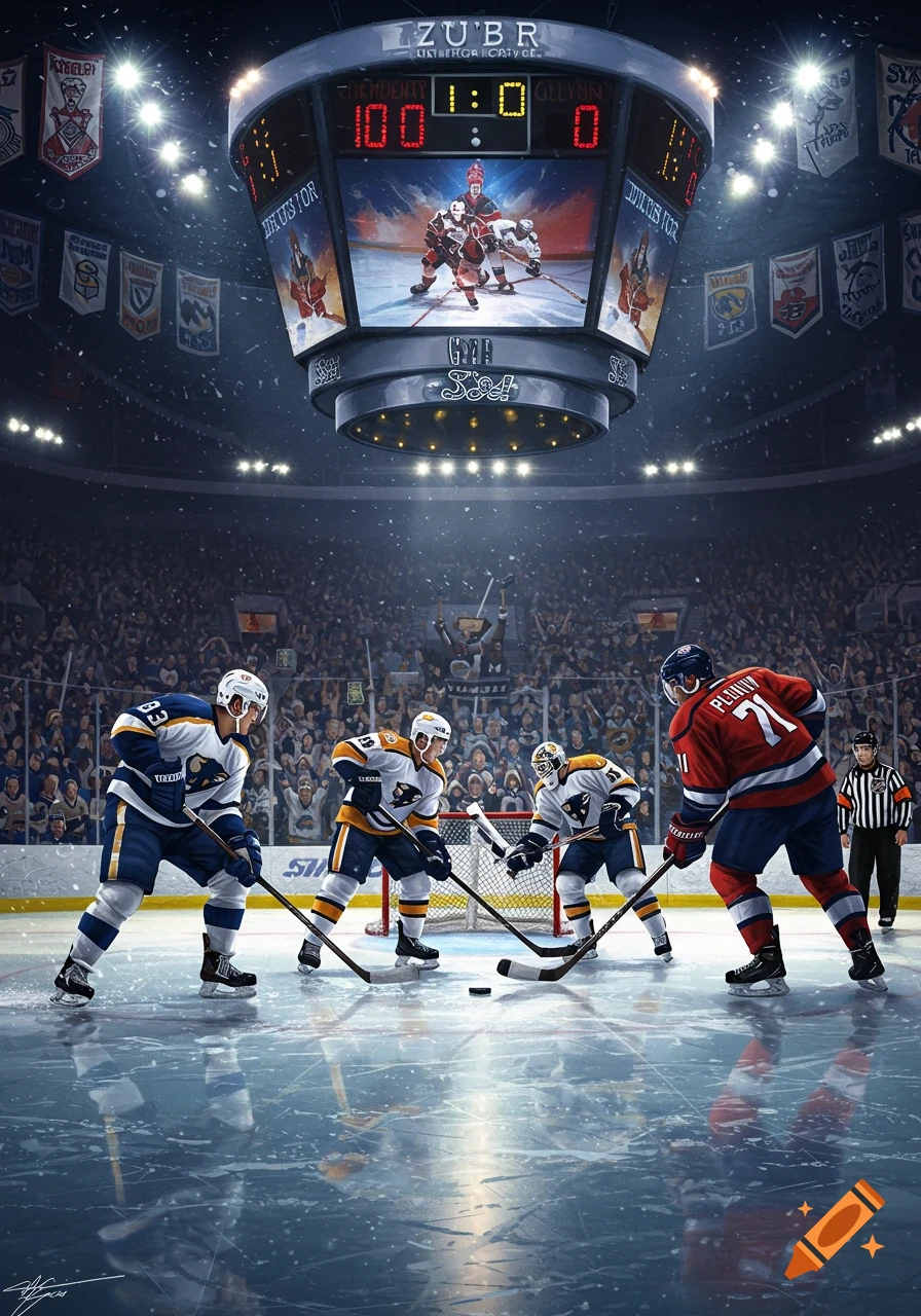 Photorealistic ice hockey game in a packed stadium with players competing on the ice and a scoreboard overhead.